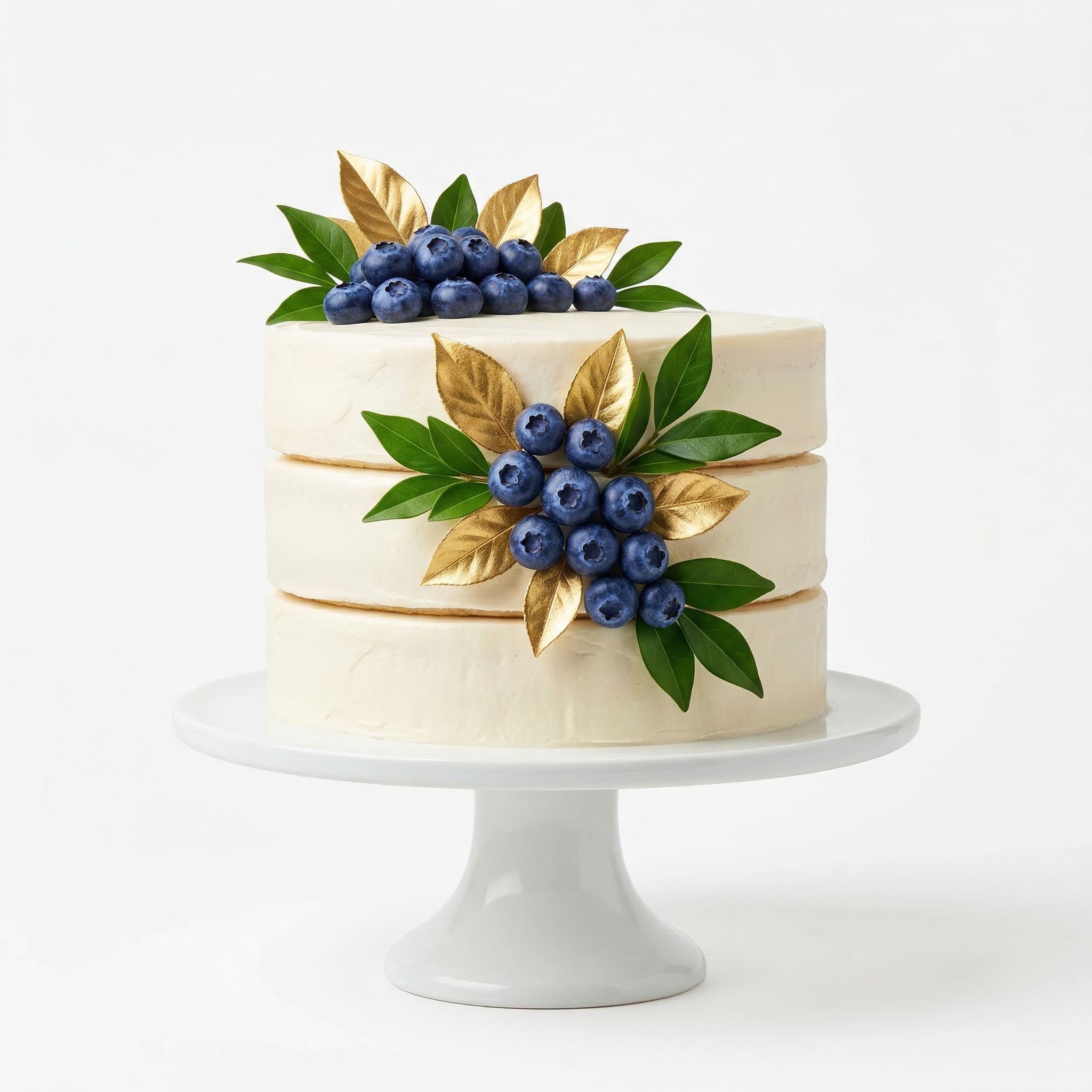 Elegant white cake with blueberries and gold leaves, wedding cake Durban