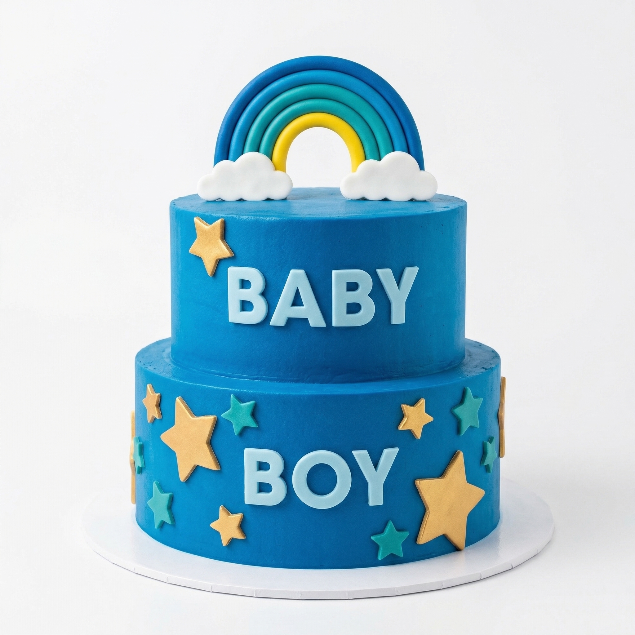 Blue two-tier baby boy cake with rainbow and stars, baby shower cake KZN